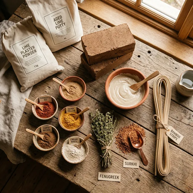 LimeMitti eco-friendly construction products display — lime plaster, earth blocks, natural pigments